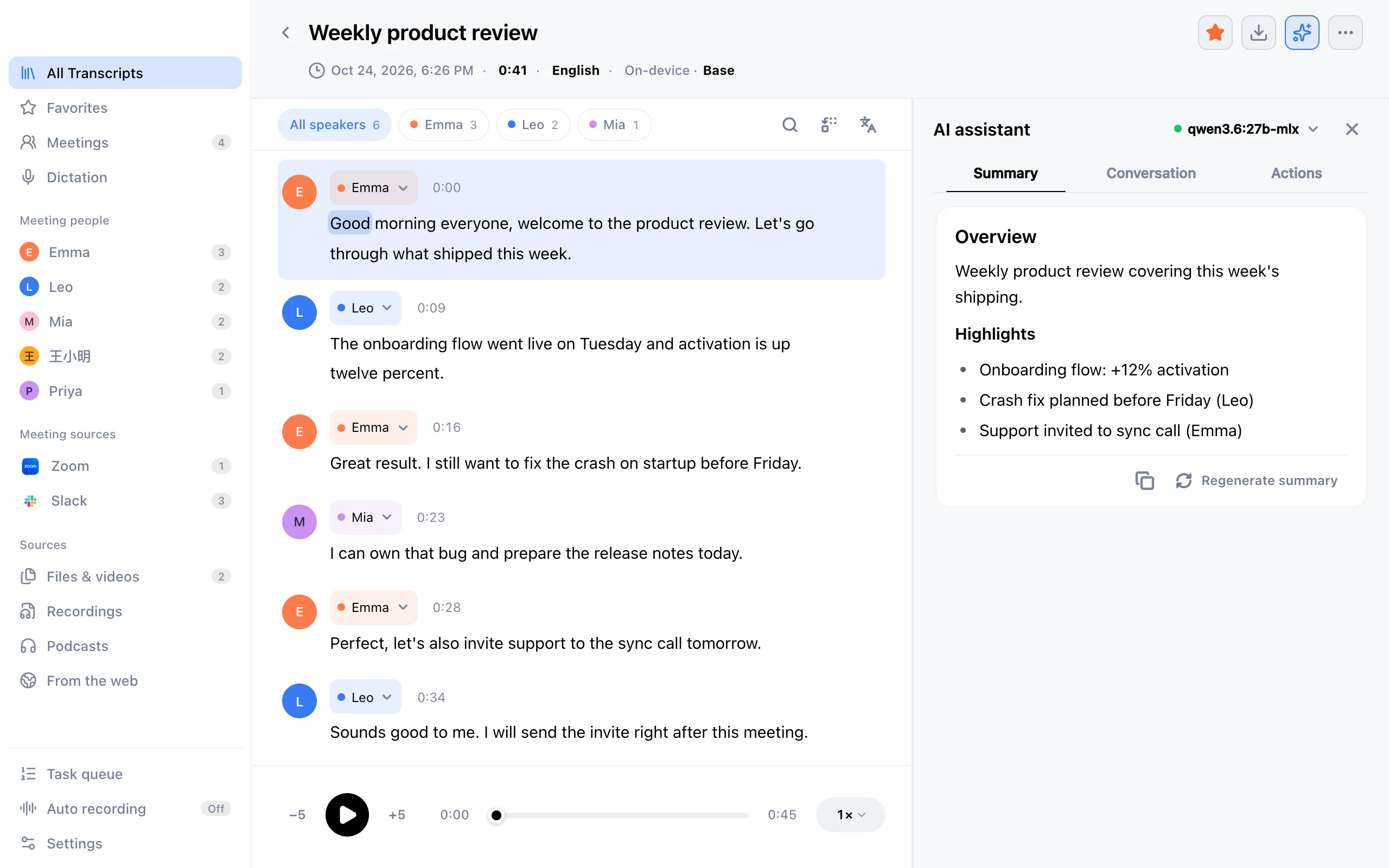 Meeting transcript with speakers and an AI summary